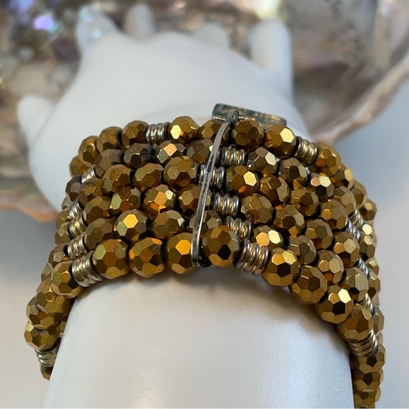 IMAN Glass Gold Metallic Six Strand Beaded Bracelet - Adjustable Rare Find - Picture 9 of 12